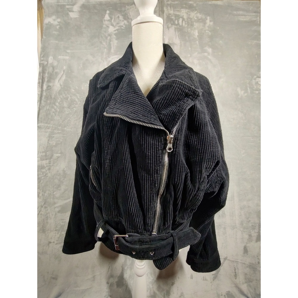 Free People Black Corduroy Moto‎ Jacket Belted Asymmetrical Zip Womens Small S